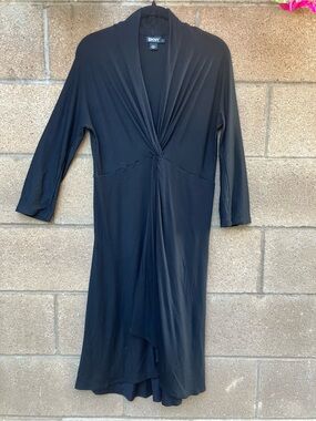 DKNY Black Asymmetrical Front Twist Semi-Wrap Dress